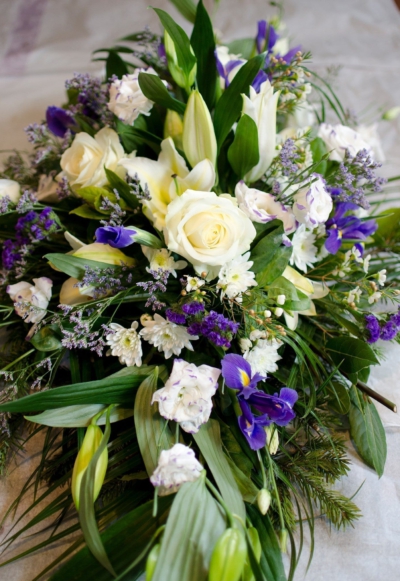 blue and white funeral spray tipperary flowers